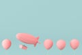 Minimal concept of balloons and airship with present in the basket on pastel background. 3D rendering