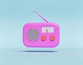 Pink colored retro radio isolated on pastel background. 3d rendering