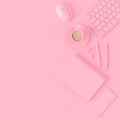 Minimal concept. Coffee milk in pink cup beside keyboard Royalty Free Stock Photo