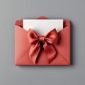 In this minimal concept 3D render, a gift card or voucher is surrounded by a red ribbon bow inside an open red envelope, isolated Royalty Free Stock Photo