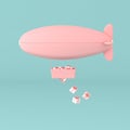 Minimal concept of floating airship and present box in the basket on pastel background. 3D rendering
