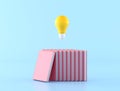 Minimal concept of knowledge by using yellow light bulb floating over  pink books on blue background. 3D rendering Royalty Free Stock Photo