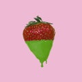 Minimal concept made with strawberry dripping with green paint on pink background