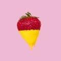 Minimal concept made with strawberry dripping with yellow paint on pink background