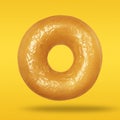 Minimal concept sweet food. Donut glazed on pastel yellow and orange background. Sweet sugar icing donut. Top view