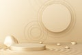 Minimal concept zen garden beige gold wall round circle modern water ripple life stone rock sand product cosmetic stand platform.