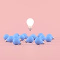 Minimal conceptual idea of light bulb floating around the blue bulbs on pink background. 3D rendering Royalty Free Stock Photo