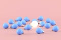 Minimal conceptual idea of light bulb floating around the blue bulbs on pink background. 3D rendering