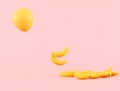 Minimal conceptual idea of yellow floating balloon with bananas on pink background. 3D rendering