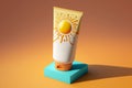 A minimal cosmetic advertisement for summer skin care products. Layout of a tube of sunscreen