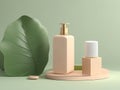 Minimal cosmetic background for product presentation. Cosmetic bottle podium and green leaf generated Ai. Royalty Free Stock Photo