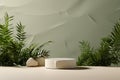 Minimal cosmetic background for product presentation. Cosmetic bottle podium and green leaf on gray color background. 3d render Royalty Free Stock Photo