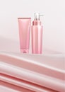 Minimal Cosmetic bottle on pink fabric background.branding and product presentation