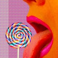 Minimal creative collage. Funny fast food art. Lolli pop Candy lover Girl Royalty Free Stock Photo