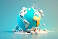 Minimal creative idea Earth ball melts on pastel blue background. Global warming concept, melting glaciers, pollutions and climate