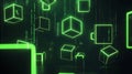 Minimal cyber-themed background with floating geometric shapes outlined in neon green