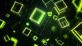 Minimal cyber-themed background with floating geometric shapes outlined in neon green