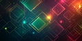 Minimal cyber-themed background with floating geometric shapes outlined in neon green