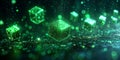 Minimal cyber-themed background with floating geometric shapes outlined in neon green