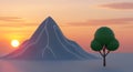 Minimal 3D Mountain and Tree Landscape with Glowing Sunset Sky Abstract Illustration Royalty Free Stock Photo