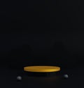 Minimal dark scene with black and gold cylinder podiums on black color background.Abstract geometric shape for products
