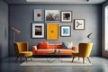 minimal design apartment, a wall with a lot of picture frames, a modern living room, colorful furniture Royalty Free Stock Photo