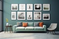 minimal design apartment, a wall with a lot of picture frames, a modern living room, colorful furniture Royalty Free Stock Photo