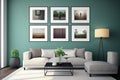 minimal design apartment, a wall with a lot of picture frames, a modern living room, colorful furniture Royalty Free Stock Photo