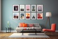 minimal design apartment, a wall with a lot of picture frames, a modern living room, colorful furniture Royalty Free Stock Photo