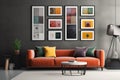 minimal design apartment, a wall with a lot of picture frames, a modern living room, colorful furniture Royalty Free Stock Photo