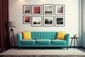 minimal design apartment, a wall with a lot of picture frames, a modern living room, colorful furniture Royalty Free Stock Photo