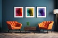 minimal design appartment, a wall with 2 or 3 picture frames, modern living-room, colourful furniture Royalty Free Stock Photo