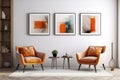 minimal design appartment, a wall with 2 or 3 picture frames, modern living-room, colourful furniture Royalty Free Stock Photo