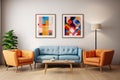 minimal design appartment, a wall with 2 or 3 picture frames, modern living-room, colourful furniture Royalty Free Stock Photo