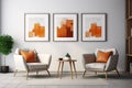 minimal design appartment, a wall with 2 or 3 picture frames, modern living-room, colourful furniture Royalty Free Stock Photo