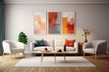 minimal design appartment, a wall with 2 or 3 picture frames, modern living-room, colourful furniture Royalty Free Stock Photo