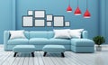 Mock up Minimal designs, living room interior with sofa plants and lamp on blue wall background. 3D rendering Royalty Free Stock Photo