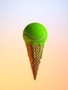 Minimal diet and healthy concept. Ice-cream cone with tennis ball instead unhealthy food. 3d illustration