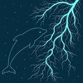 Minimal Dolphin and Electric Veins in Night Sky Vector Illustration Royalty Free Stock Photo