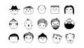 Minimal doodle avatars. Hand drawn human faces. Outline young or adult characters with headgear and hairstyles, beards