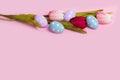 Minimal  Easter layout made of colorful eggs and tulips on patel pink background Royalty Free Stock Photo