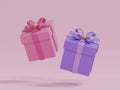 Minimal empty 3d gift box with pastel ribbon bow. 3d render flying modern holiday surprise box. 3D rendering illustraion