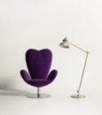 Minimal empty room with a violet armchair and a lamp