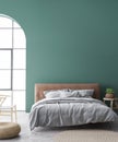 Minimal farmhouse bedroom design, interior wall mockup with brown leather bed on green wall background