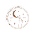 Minimal female hand logo in linear style. Women`s hand with moon and stars.