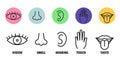 Minimal sence icons. Eye nose ear hand tongue sensation sign. Vector sensory simple sign