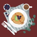 Minimal flat illustrate breakfast blueberry pancake and coffee o