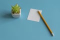 Minimal flat lay : notepad, pencil, cactus, on light blue pastel background ,top view, work space. copy space Royalty Free Stock Photo