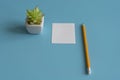 Minimal flat lay : notepad, pencil, cactus, on light blue pastel background ,top view, work space. copy space Royalty Free Stock Photo