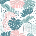 Minimal floral seamless pattern. Abstract monstera and palm leaves on doodle texture background